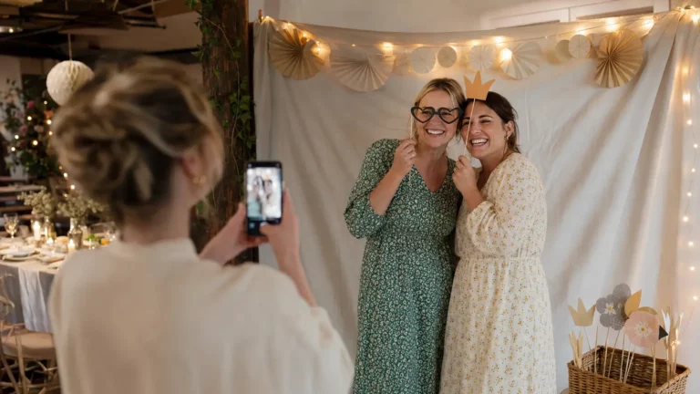 Gæster bliver fotograferet i et hjemmelavet fotohjørne til festen