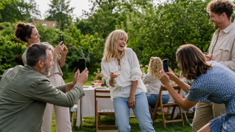 Gæster tager sjove billeder af hinanden til en sommerfest