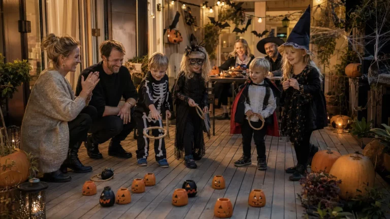 Børn og voksne leger sammen til en hyggelig Halloweenfest