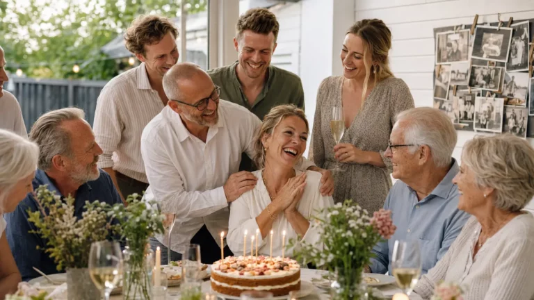 Familie og venner fejrer en rund fødselsdag sammen