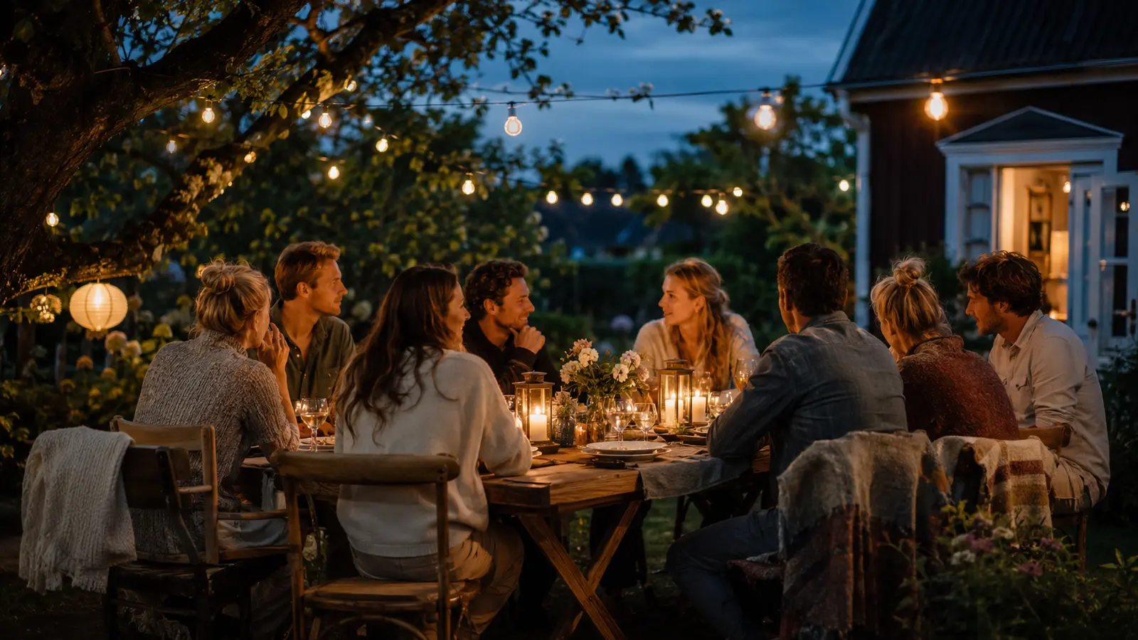 Hyggelig sensommerfest i haven med lyskæder og lanterner