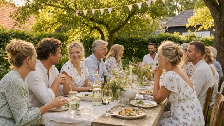 Gæster samlet omkring et langbord til sommerfest i haven